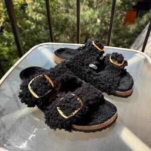 New Birkenstock Arizona Big Buckle Teddy Sandals Slip On in Black Gold US 9 / 40